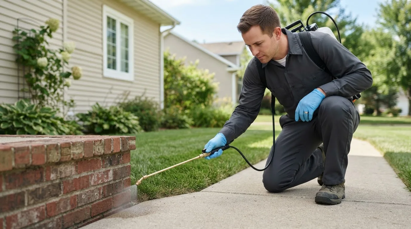 Pest control technician treating a home near Gridley, IL
