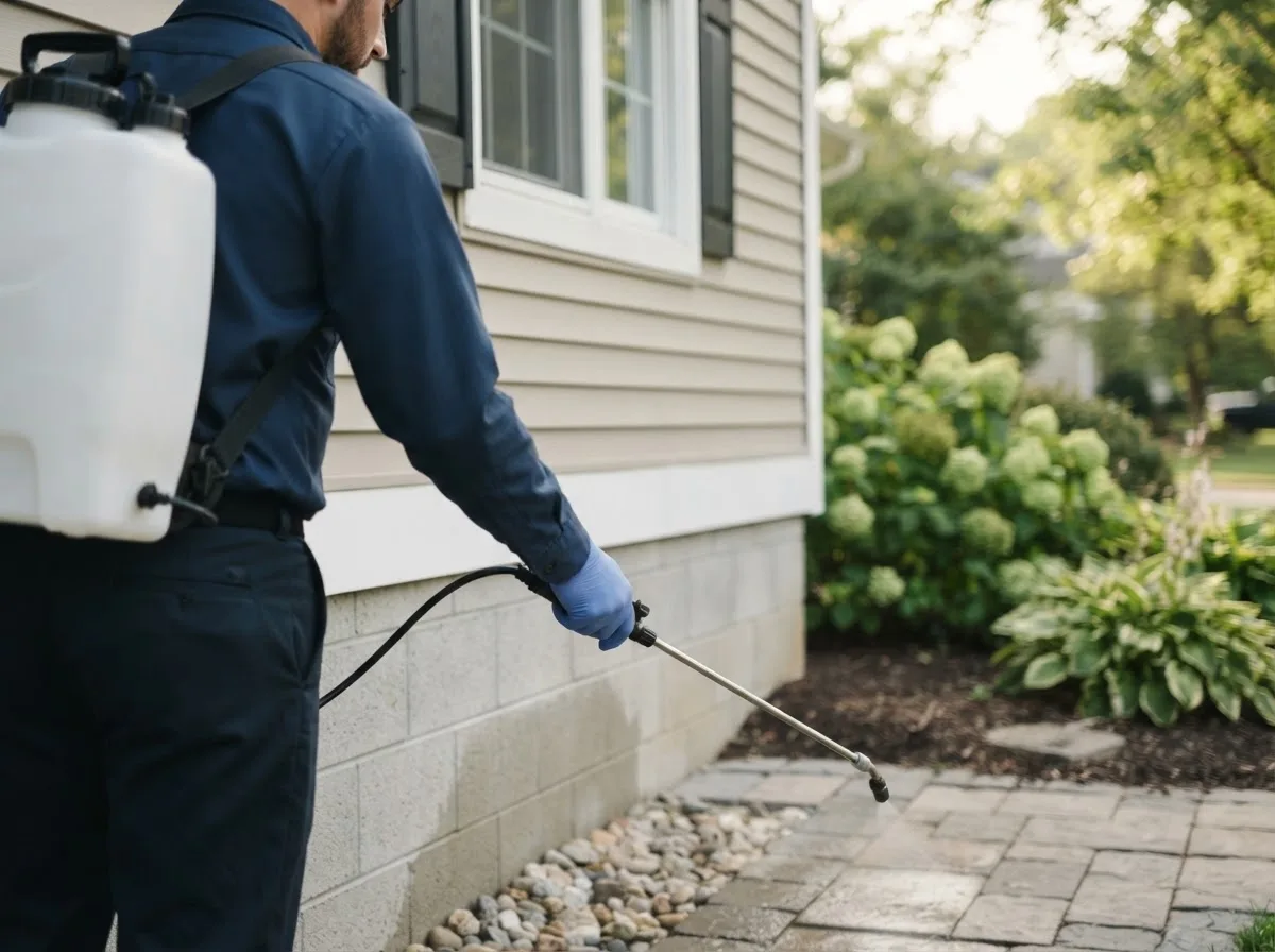 Pest control technician inspecting a home in Gridley, IL